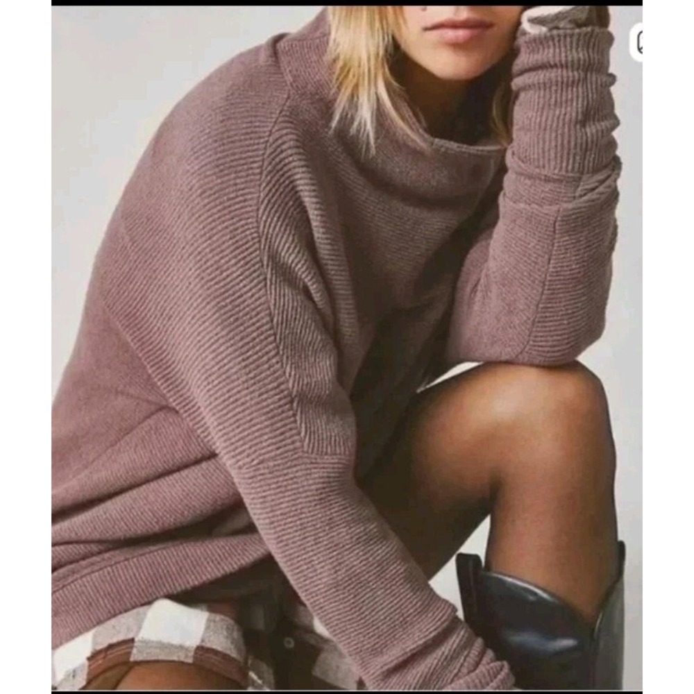 FREE PEOPLE Ottoman Slouchy Tunic Ribbed Knit Mock Neck Sweater‎ Nutmeg Sz XS